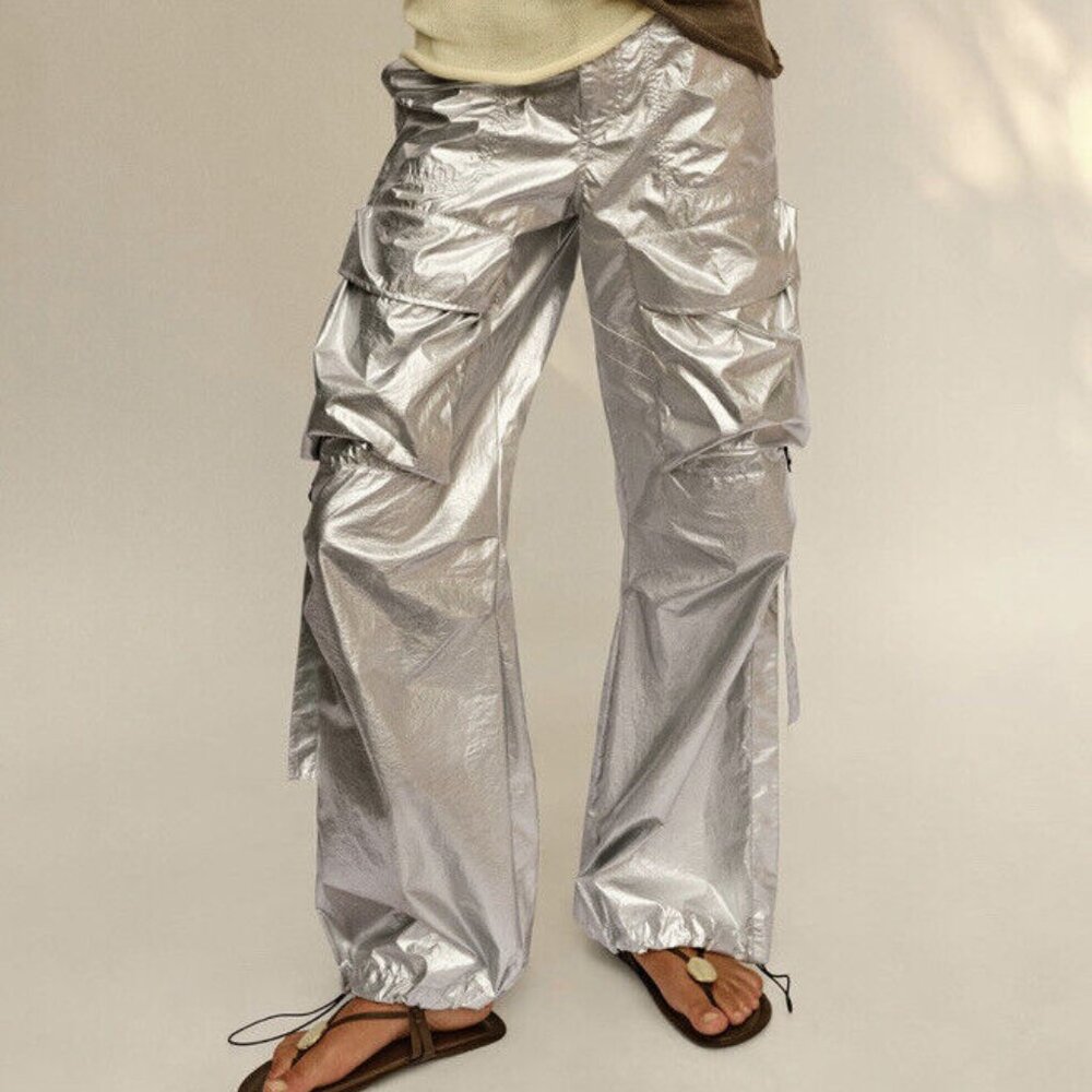 Zara Silver Metallic Cargo Pants for Women